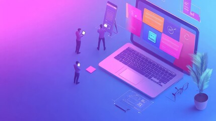 app design, technology and business concept - web designers or developers with laptop computer and s