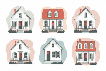 Canvas Print - Six charming cottage house illustrations with various roof styles