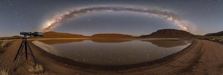 Wall Mural - Stunning Panoramic Night Sky Photography Over Desert Lake with Milky Way Reflection