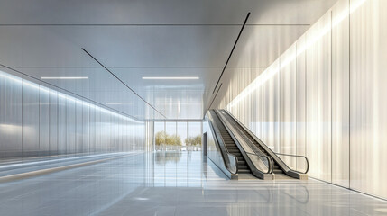 Poster - Modern escalator in a bright, minimalist interior space with natural light and contemporary design elements