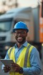 © kotlyarn - A cheerful Black man in a blue hard hat and reflective vest holds a tablet, exuding confidence on a construction site. His bright smile and professional attire reflect dedication and teamwork in the