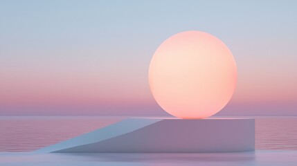 Wall Mural - a large, glowing sphere sits on a white pedestal in front of a calm, pink ocean