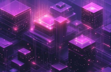 Wall Mural - futuristic isometric digital landscape with glowing purple and pink lighting