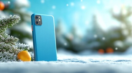 Winter Phone Case Mockup in a Snowy Forest. Generative AI