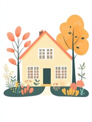 Poster - Cozy house silhouette with warm garden and vibrant foliage in autumn colors during a sunny day. Generative AI