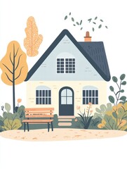 Poster - Cozy silhouette of a house with a garden presenting warmth and tranquility amidst autumn foliage. Generative AI