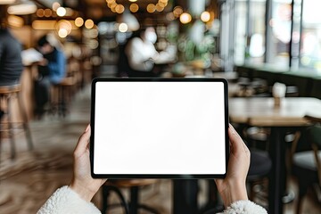 Mockup Image of a Woman Holding Black Tablet Pc with Blank White Screen in Cafe