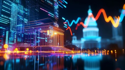 Wall Mural - financial data, government building. a vibrant cityscape with illuminated buildings, data visualizat