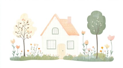 Poster - Cozy silhouette of a house surrounded by a garden, evoking warmth and tranquility in a serene setting. Generative AI