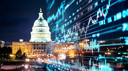 Wall Mural - financial data, government building. a nighttime view of the u.s. capitol with digital financial gra