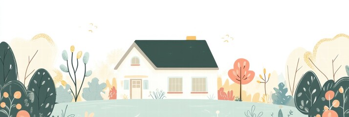 Poster - Cozy silhouette of a house surrounded by a vibrant garden in a warm atmosphere during a peaceful afternoon. Generative AI