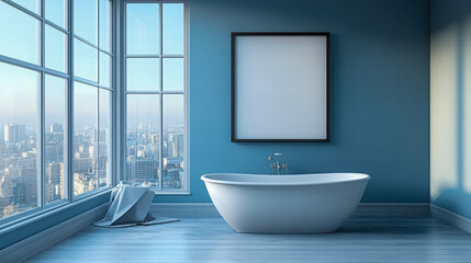 Wall Mural - Modern bathroom with freestanding tub and city skyline view during daylight