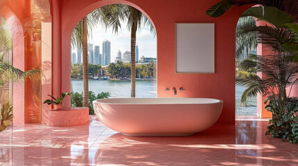 Wall Mural - Elegant bathroom design with a freestanding tub overlooking a scenic waterfront in a vibrant architectural setting