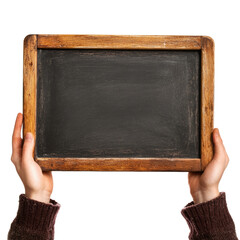 Poster - A pair of hands present a vintage wooden framed slate with a blank dark surface ideal for a message.
