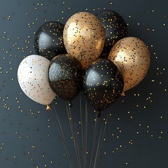 Sticker - Celebration, festival background with helium balloons. Greeting banner or poster with gold and black realistic 3d vector flying balloons. Celebrate a birthday poster. Happy anniversary card. See Less