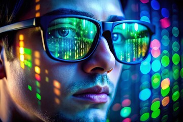 Low Light Coder's Eyewear: Vibrant Data Patterns & Code Reflections - Digital Transformation Stock Photo