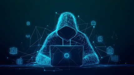 Digital Intrusion: A masked figure, shrouded in the digital ether, intensely engages with a laptop, surrounded by a web of interconnected data points.