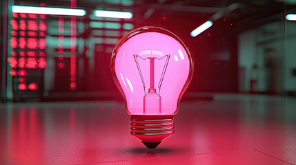 Wall Mural - A glowing pink light bulb sits on a surface, creating a vibrant contrast with a modern, minimalistic background.