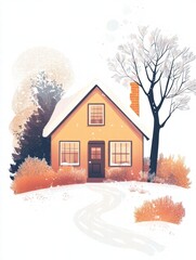 Poster - Cozy silhouette of a house with a warm garden in a winter wonderland setting adorned with soft falling snow. Generative AI