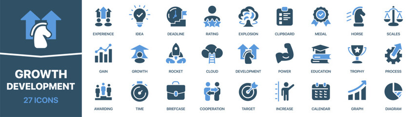 Leinwandbilder - Growth and development colored signed icon collection. Rocket, success, target, cooperation icons. UI icon set. Colored icons pack. Vector illustration EPS10