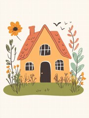 Poster - Cozy house silhouette with a warm garden surrounded by plants and flowers in a cheerful atmosphere. Generative AI
