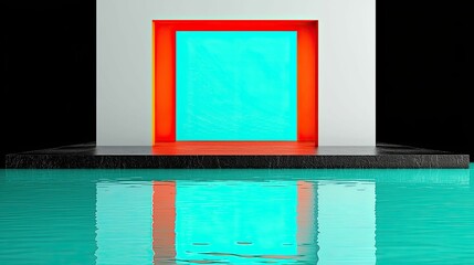 Wall Mural - a modern, minimalist structure features a vibrant turquoise square framed by an orange border, refle