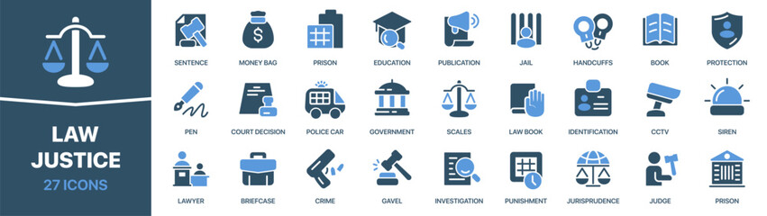 Law and justice colored signed icon collection. Jail, siren, lawyer, prison, judge icons. UI icon set. Colored icons pack. Vector illustration EPS10