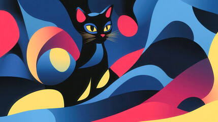 Cat standing in front of colorful abstract painting featuring bold shapes and hues in artistic design