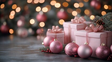 Wall Mural - Pink christmas ornaments and gift box arranged together for holiday decoration and celebration themes valentine day