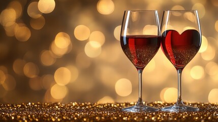 Two glasses of red wine on a table with a shimmering gold background creating a warm ambiance valentine day