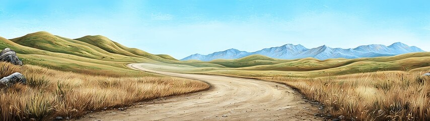 Wall Mural - a winding dirt path meanders through golden grasslands under a clear blue sky, with distant mountain
