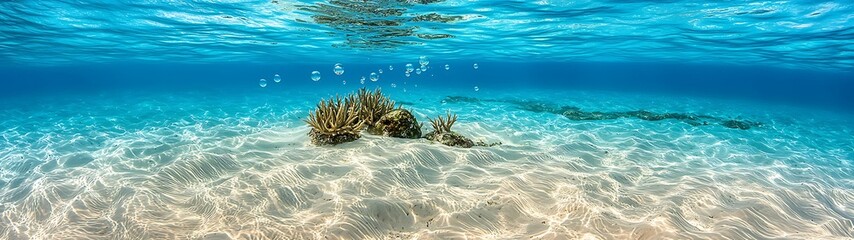 Wall Mural - A vibrant underwater scene showcasing clear blue waters, sandy seabed, and coral formations, creating a tranquil marine atmosphere.