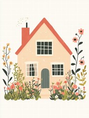 Poster - Charming silhouette of a cozy house surrounded by a vibrant garden filled with colorful flowers during a sunny day. Generative AI