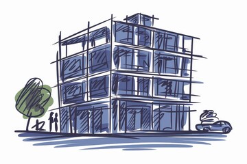 Wall Mural - Sketch of a Modern Building with a Car and Tree