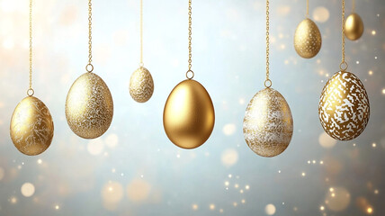 Wall Mural - Colored, golden Easter eggs suspended on golden threads.