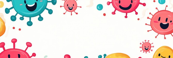 Aufkleber - Smiling cartoon microbes fill the frame with vibrant colors and joyful expressions in a playful design. Generative AI