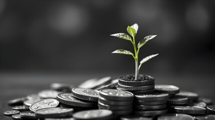 Classic black and white image, timeless and elegant style. An adorable, charming seedling sprouts from a pile of coins; green investment concept, financial growth.