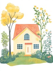Poster - Cozy house surrounded by a vibrant garden full of blooming flowers and tall trees exuding warmth and tranquility. Generative AI