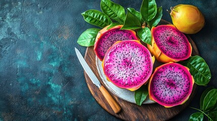 Sticker - Sliced pink dragon fruit with mango on wooden board.