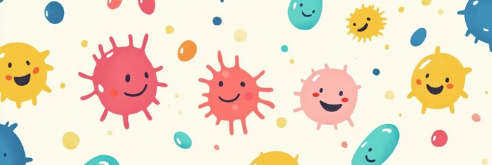 Aufkleber - Cartoon microbes display bright colors and cheerful smiles illustrating a friendly microscopic world full of life and activity. Generative AI