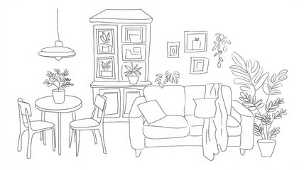 Canvas Print - Cozy Living Room Sketch Featuring Plants And Furniture