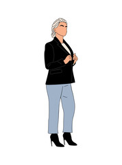 Businesswoman standing full length colored outline drawing. Senior lady in smart casual attire. Hand drawn vector sketch illustration isolated on transparent background