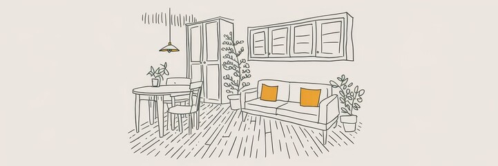 Canvas Print - Simple Line Drawing Of A Cozy Living Room Apartment