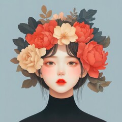 Wall Mural - Portrait of a Young Woman with Vibrant Floral Headpiece Against a Soft Blue Background