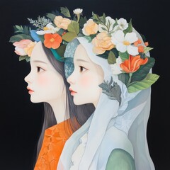 Portrait of two women side by side adorned with floral headpieces in a colorful artistic style