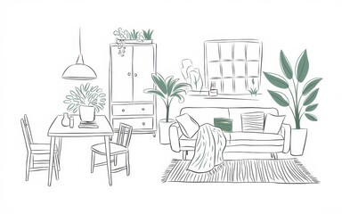 Canvas Print - Cozy Living Room Sketch Featuring Plants and Furniture