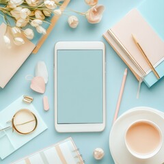 Leinwandbilder - Stylized social media post setup with tablet, stationery, and tea in soft pastel colors ideal for planning and creativity. Generative AI