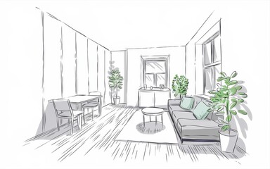 Canvas Print - Modern Living Room Sketch Design Showing Furniture and Plants