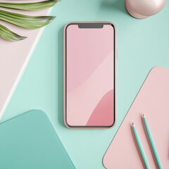 Poster - Stylized workspace with smartphone and stationery on pastel colored desk, ideal for social media inspiration. Generative AI