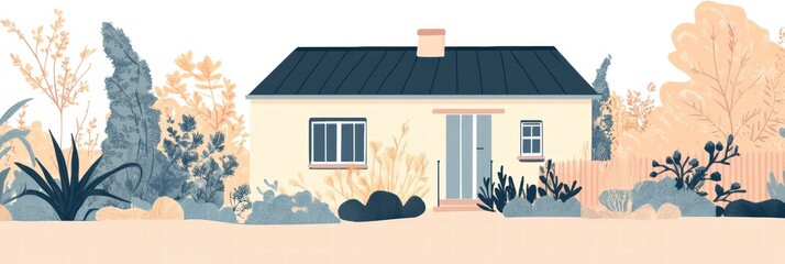 Poster - Cozy silhouette of a house with a garden creating a warm and inviting atmosphere in a serene setting. Generative AI